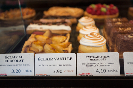 Local patiserie in Paris showing the typical french pastriesの写真素材