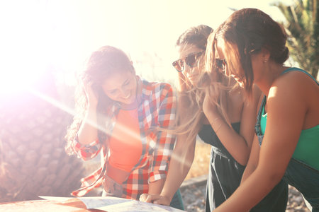 Group of friends on a roadtrip through countrysideの写真素材