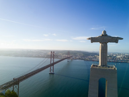 Aerial view of the statue of "Cristo-Rei" in Lisbon - Portugalの写真素材