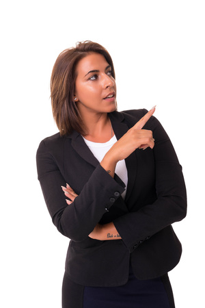 Young beautiful african woman presenting your product, isolated over white backgroundの写真素材