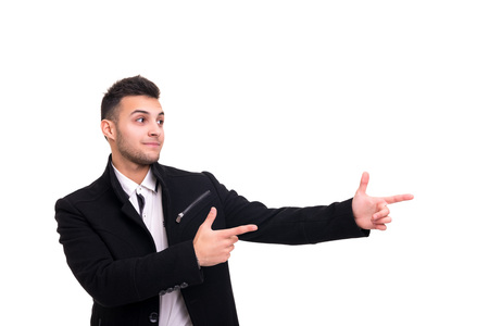 Young man presenting your product, isolated over a white backgroundの写真素材