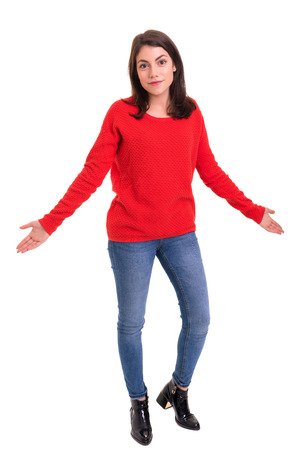 Woman with open hands asking sorry, isolatedの写真素材
