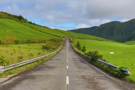 Empty roads in the countryside on the island of Saint Michael (Sao Miguel) in the Azores, Portugalの写真素材