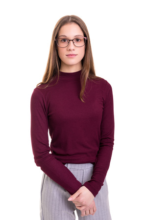 Beautiful young business woman posing isolated over white backgroundの写真素材