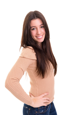 Studio shot of a beautiful young casual woman  isolated on whiteの写真素材