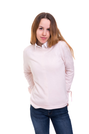 Studio shot of a sad woman, isolated over whiteの写真素材
