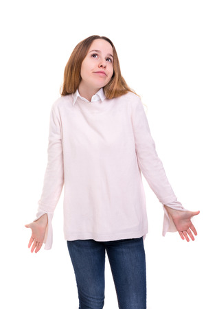 Woman with open hands asking sorry, isolatedの写真素材