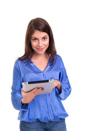 beautiful woman working with a new tablet computerの写真素材