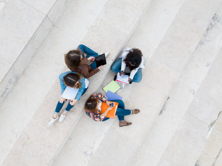 Drone Shot : Group multi ethnic young students at the university campusの写真素材