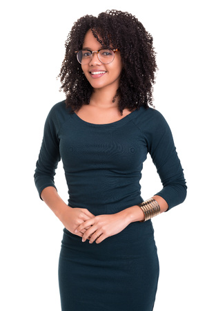 Beautiful young african business woman posing isolated over whiteの写真素材