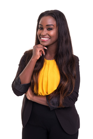 Beautiful african business woman posing isolated over white backgroundの写真素材
