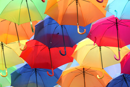 Lots of umbrellas coloring the sky in the city of Agueda, Portugalの写真素材