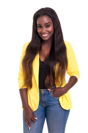 Beautiful young african woman posing isolated over whiteの写真素材