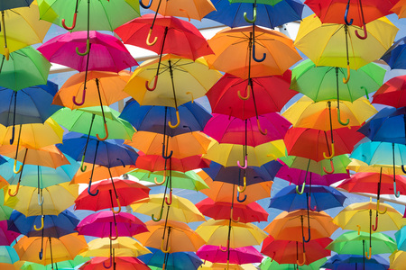Lots of umbrellas coloring the sky in the city of Agueda, Portugalの写真素材