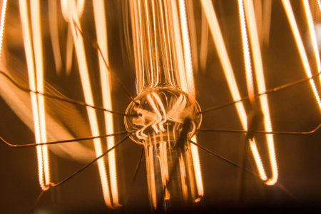 Macro close-up of a filament light bulb. Carbon filament light bulb.
