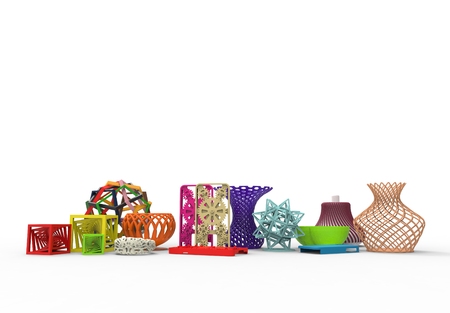 3D rendering of collection of colored complex typical 3D print productsの写真素材