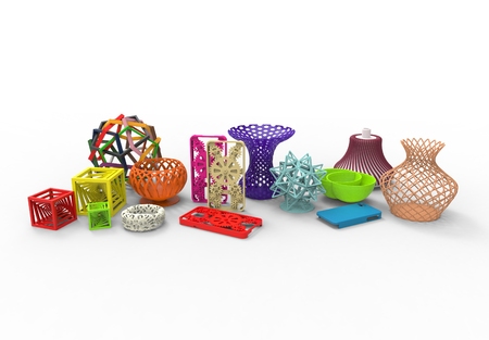 3D rendering of collection of colored complex typical 3D print productsの写真素材