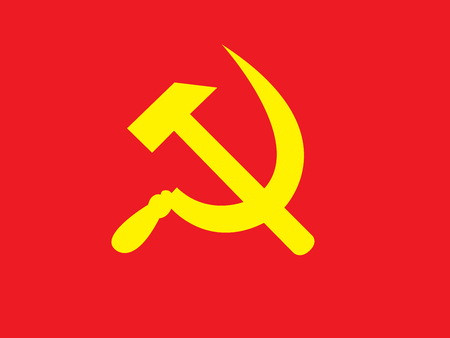 Hammer and Sickle illustration Colored in red and yellow.の写真素材