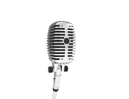 3D rendering of a classic metal chrome microphone isolated on white backgroundの写真素材