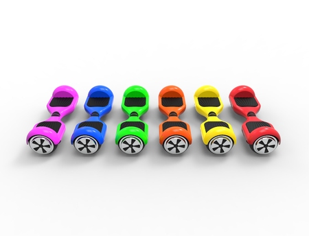 3D rendering of multiple bright colored hoverboardsの写真素材