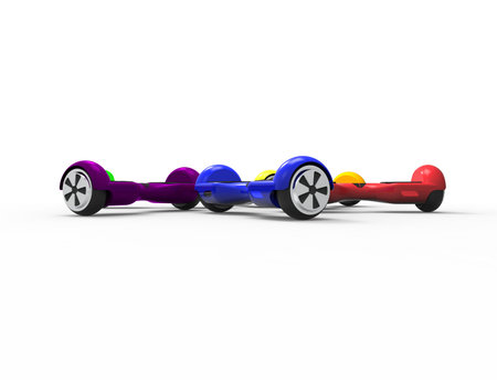 3D rendering of multiple bright colored hoverboards