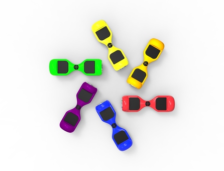 3D rendering of multiple bright colored hoverboardsの写真素材