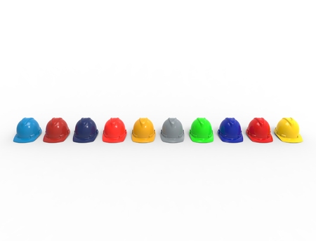 3D illustration 3D rendering of a row of safety construction helmets.の写真素材