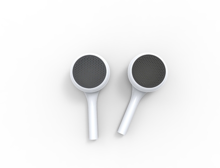 3D rendering of wireless ear phones isolated in white background.の写真素材