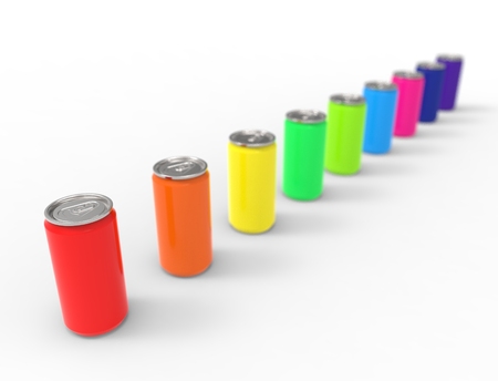 3D rendering of multiple colored soda cans isolated in white studio background.の写真素材