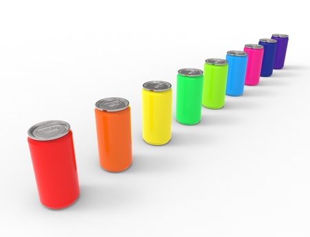 3D rendering of multiple colored soda cans isolated in white studio background.の写真素材