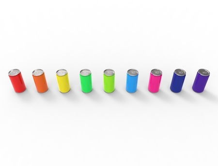 3D rendering of multiple colored soda cans isolated in white studio background.の写真素材