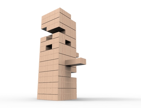 3D rendering of wooden blocks tower game isolated in white backgroundの写真素材