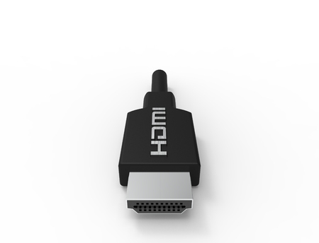 3D rendering of a black HDMI cable isolated on white background.の写真素材
