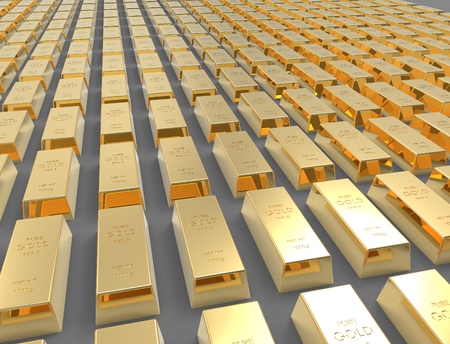 3D rendering of gold bars isolated on white studio background.の写真素材