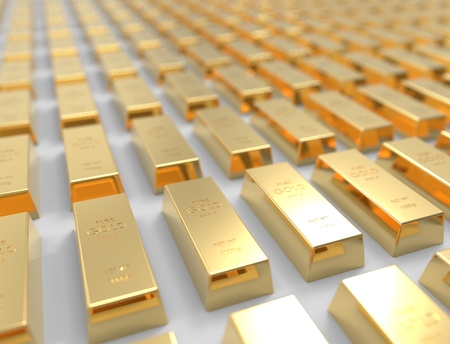 3D rendering of gold bars isolated on white studio background.の写真素材
