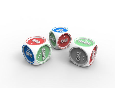 3D rendering of word dices isolated in white studio background.の写真素材