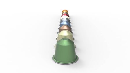 3d rendering of multiple colored aluminium coffee capsules different flavoursの写真素材