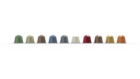3d rendering of multiple colored aluminium coffee capsules different flavoursの写真素材