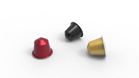 3d rendering of multiple colored aluminium coffee capsules different flavoursの写真素材