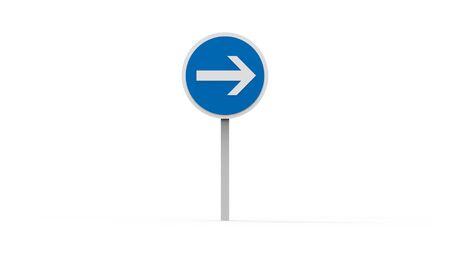 3d rendering of a blue mandatory direction sign isolated in white studio backgroundの写真素材