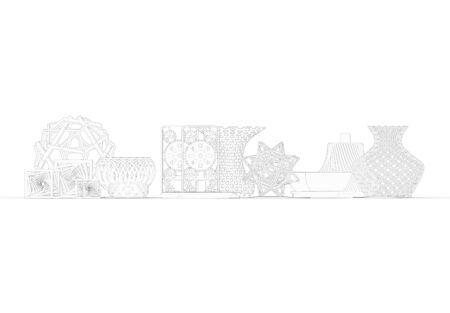3D rendering of collection of complex typical 3D print products demonstrating the possibilities of 3d printing on a white backgroundの写真素材