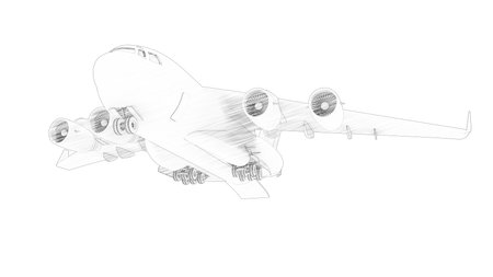 3d rendering sketch drawing of a millatary cargo plane isolated in white background