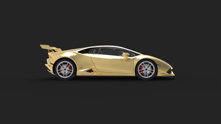 3d rendering of a golden sports car isolated in a black backgroundの写真素材
