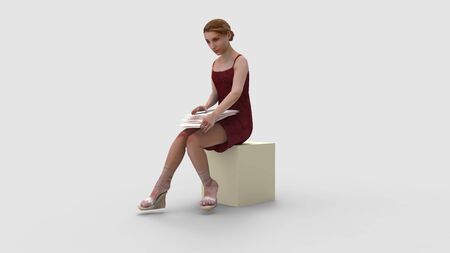 3D rendering of a woman sitting in a dress holding papers docuementsの写真素材
