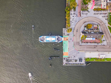 Amsterdam, The Netherlands, 31 October 2020 Aerial of Amsterdam ferries docking