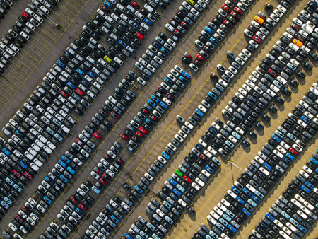 Aerial shot of parked cars in a structured row parking lease cars new production industryの写真素材