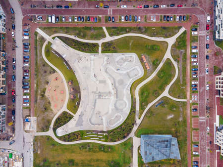 Aerial drone view on top of europe largest skatepark in The Netherlands Zeeburgereilandの写真素材