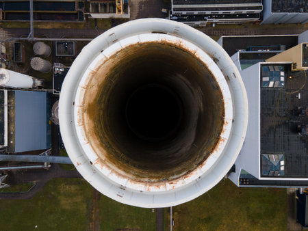 Coal central aerial drone shot chimney pipe energy recovery plant Hemweg in Amsterdam The Netherlands industrial facilityの写真素材