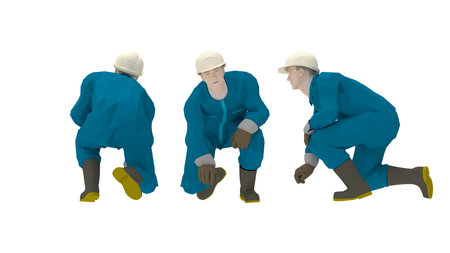 3D rendering of a hard hat worker kneeling down with protective clothes uniform from front side and...