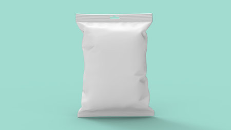 3D rendering of a renderd concept model plastic wrap hanging sack sachet packaging isolated on empty...
